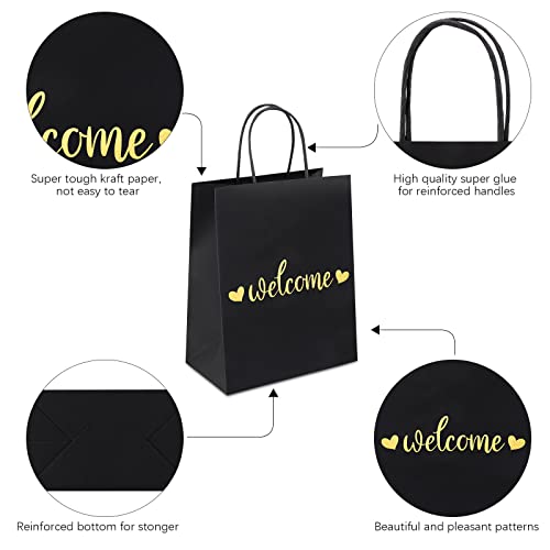 QIELSER Welcome Gift Bags Bulk 50 Pcs Medium, Gold Foil Welcome Black Paper Wedding Bags with Handles for Retail Shopping, Wedding, Baby Shower Holiday, Party Supplies, Size 8x4.75x10 Inches