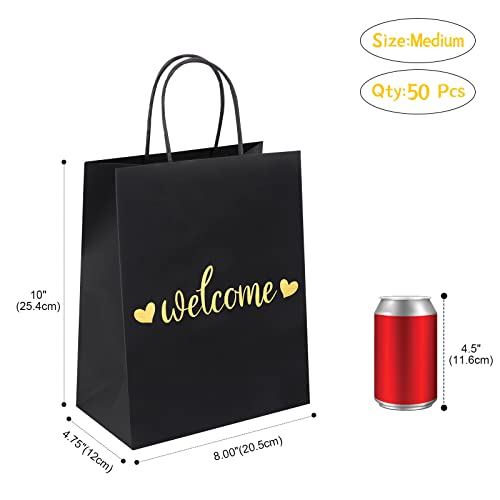 QIELSER Welcome Gift Bags Bulk 50 Pcs Medium, Gold Foil Welcome Black Paper Wedding Bags with Handles for Retail Shopping, Wedding, Baby Shower Holiday, Party Supplies, Size 8x4.75x10 Inches