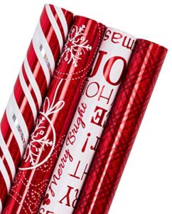wrapaholic christmas wrapping paper roll – red and white christmas design with metallic foil shine – 4 rolls – 30 inch x 120 inch per roll