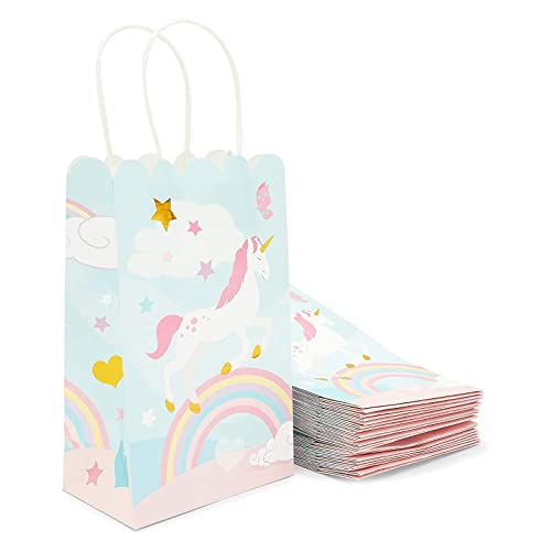 BLUE PANDA 24 Pack Small Unicorn Favor Bags with Handles, Pastel Rainbow Birthday Party Decorations (5.5 x 8.6 x 3 In)