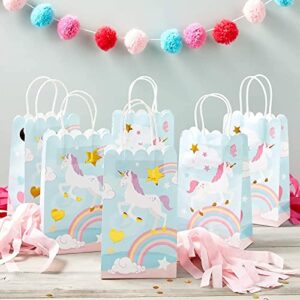 BLUE PANDA 24 Pack Small Unicorn Favor Bags with Handles, Pastel Rainbow Birthday Party Decorations (5.5 x 8.6 x 3 In)