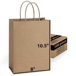 [100 bags] 8 x 4.5 x 10.5 brown kraft paper gift bags bulk with handles. ideal for shopping, packaging, retail, party, craft, gifts, wedding, recycled, business, goody and merchandise bag