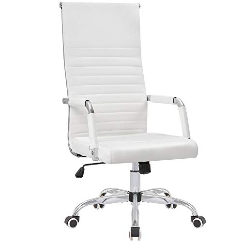 KaiMeng Ribbed Office High Back PU Leather Desk Adjustable Swivel Task Computer Chair with Armrest for Conference Study Leisure, White