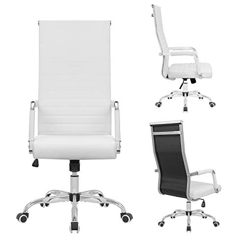 KaiMeng Ribbed Office High Back PU Leather Desk Adjustable Swivel Task Computer Chair with Armrest for Conference Study Leisure, White