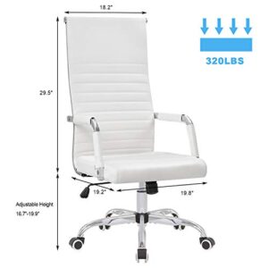 KaiMeng Ribbed Office High Back PU Leather Desk Adjustable Swivel Task Computer Chair with Armrest for Conference Study Leisure, White