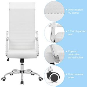 KaiMeng Ribbed Office High Back PU Leather Desk Adjustable Swivel Task Computer Chair with Armrest for Conference Study Leisure, White