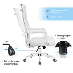 KaiMeng Ribbed Office High Back PU Leather Desk Adjustable Swivel Task Computer Chair with Armrest for Conference Study Leisure, White