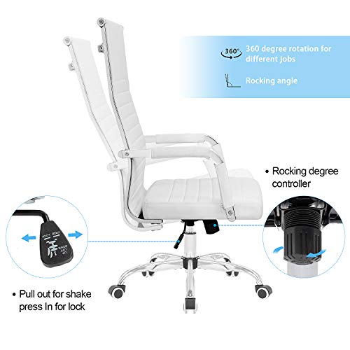 KaiMeng Ribbed Office High Back PU Leather Desk Adjustable Swivel Task Computer Chair with Armrest for Conference Study Leisure, White