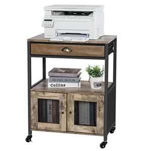 x-cosrack printer stand with storage cabinet, 3 tiers end table with drawer and doors, movable printer table on wheels for file organization, scanner, fax machine, in home, office, retro style