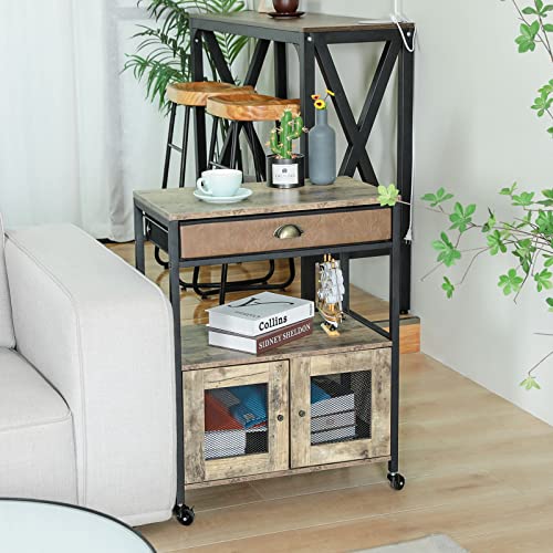 X-cosrack Printer Stand with Storage Cabinet, 3 Tiers End Table with Drawer and Doors, Movable Printer Table on Wheels for File Organization, Scanner, Fax Machine, in Home, Office, Retro Style