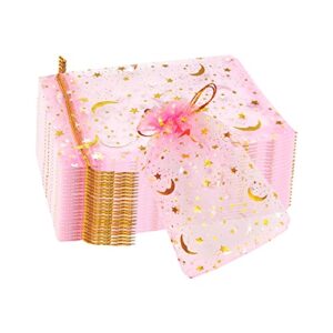 diyomr 120pcs dream night sky star moon gold organza lovely bags jewelry cosmetic bags 4.3×6.3 inch drawstring mesh favor pouches giftwrap bags for wedding party gift packaging (pink)