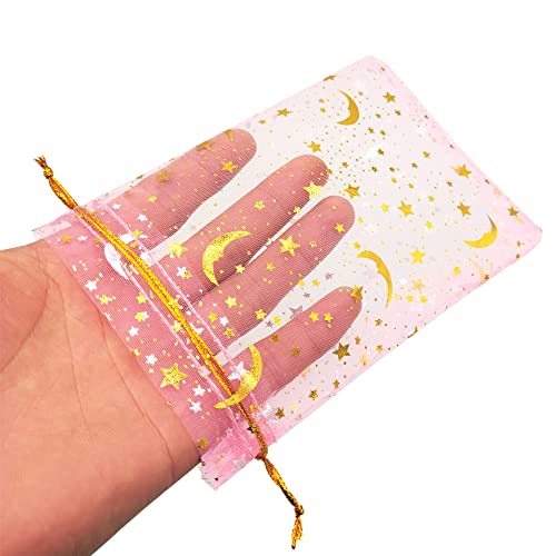 DIYOMR 120Pcs Dream Night Sky Star Moon Gold Organza Lovely Bags Jewelry Cosmetic Bags 4.3x6.3 Inch Drawstring Mesh Favor Pouches Giftwrap Bags for Wedding Party Gift Packaging (Pink)