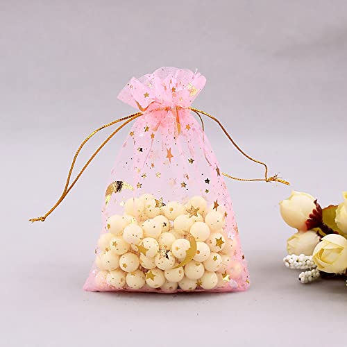 DIYOMR 120Pcs Dream Night Sky Star Moon Gold Organza Lovely Bags Jewelry Cosmetic Bags 4.3x6.3 Inch Drawstring Mesh Favor Pouches Giftwrap Bags for Wedding Party Gift Packaging (Pink)