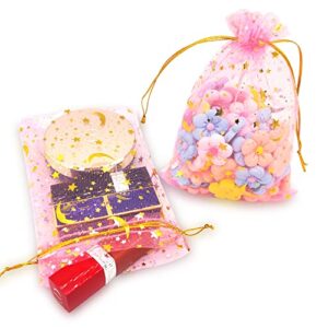 DIYOMR 120Pcs Dream Night Sky Star Moon Gold Organza Lovely Bags Jewelry Cosmetic Bags 4.3x6.3 Inch Drawstring Mesh Favor Pouches Giftwrap Bags for Wedding Party Gift Packaging (Pink)