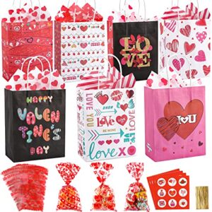 valentines day paper gift bags – 28pcs valentines bags+28pcs cellophane candy bags+28 valentine’s wrapping papers, sturdy wrapping kraft bags for valentines party favors, valentines gifts packing