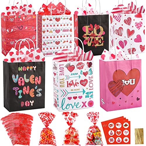 Valentines Day Paper Gift Bags - 28pcs Valentines Bags+28pcs Cellophane Candy Bags+28 Valentine's Wrapping Papers, Sturdy Wrapping Kraft Bags for Valentines Party Favors, Valentines Gifts Packing