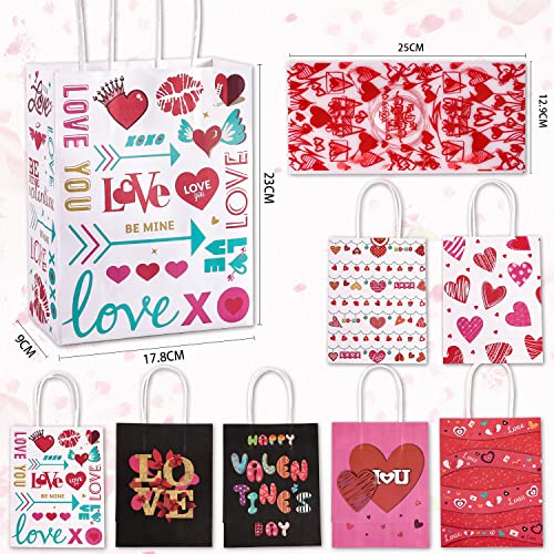 Valentines Day Paper Gift Bags - 28pcs Valentines Bags+28pcs Cellophane Candy Bags+28 Valentine's Wrapping Papers, Sturdy Wrapping Kraft Bags for Valentines Party Favors, Valentines Gifts Packing