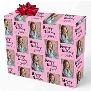 MyPupSocks Personalized Photo Wrapping Paper, Happy Birthday with Name Photo Pink Custom Gift Wrapping Paper with Picture for Teens Women Men Mom Dad Birthday Wedding Anniversary 58x23 2 Rolls