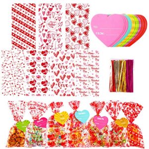 182 pcs valentines gift bags valentine cellophane bags, 7 assorted styles valentine treat bags valentine goodies bags with 35 pcs gift tags & 200 pcs twist ties for valentines party favors supplies
