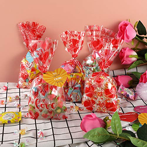 182 PCS Valentines Gift Bags Valentine Cellophane Bags, 7 Assorted Styles Valentine Treat Bags Valentine Goodies Bags with 35 PCS Gift Tags & 200 PCS Twist Ties for Valentines Party Favors Supplies