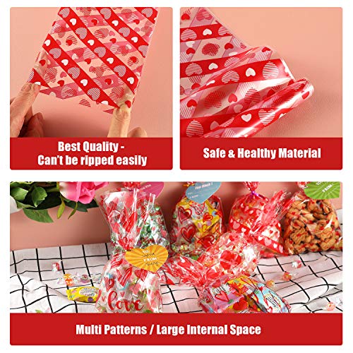 182 PCS Valentines Gift Bags Valentine Cellophane Bags, 7 Assorted Styles Valentine Treat Bags Valentine Goodies Bags with 35 PCS Gift Tags & 200 PCS Twist Ties for Valentines Party Favors Supplies