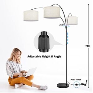 Arc Floor Lamp with Unique Hanging Drum Shade for Living Room - Marble Modern Standing Lamps Adjustable Height, Contemporary Over the Couch Hanging Arching Tall Stand Up Light for Bedroom Office Black