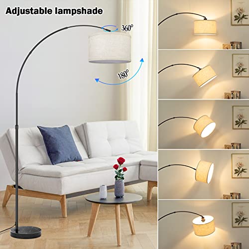 Arc Floor Lamp with Unique Hanging Drum Shade for Living Room - Marble Modern Standing Lamps Adjustable Height, Contemporary Over the Couch Hanging Arching Tall Stand Up Light for Bedroom Office Black