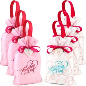 valentines gift bags – set of 6 fabric drawstring gift bags | valentines bags with gift tags | small gift bags or medium treat bags | gift bags for valentines gifts | reusable bag, fabric gift bags (pink)