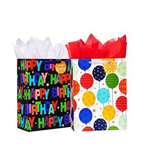 2 Pack 16.5" Large Gift Bag with Tissue Paper for Happy Birthday gift bags (Balloons)