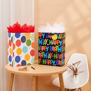 2 Pack 16.5" Large Gift Bag with Tissue Paper for Happy Birthday gift bags (Balloons)