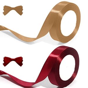 2 colors satin ribbon 1 inch x 50 yards fabric satin ribbon for gift wrapping, crafts, hair bows making, wreath, wedding party decoration and more (tan & burgundy)
