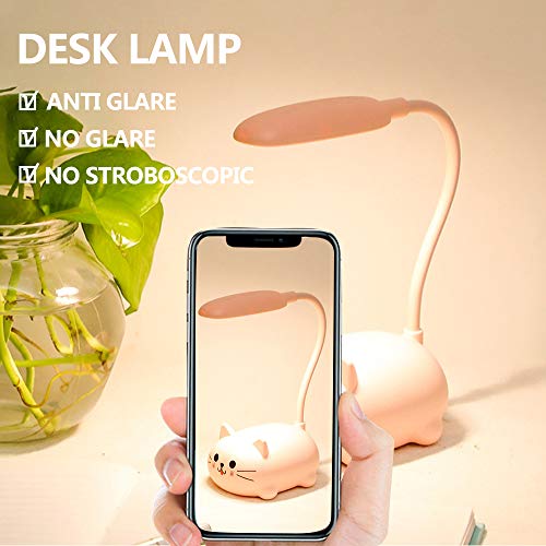 Kids Lamp, LED Desk Lamp for Kids, Cute Cat Lamp Kawaii Desk Accessories, Flexible Gooseneck Eye-Care Cartoons Small Desk Lamp Girls Gifts (Pink)