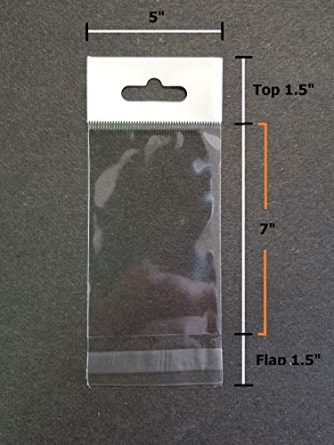 5x7 Hang TOP Clear Resealable Cello/Cellophane Bags w/Hanging Header - Pack of 100