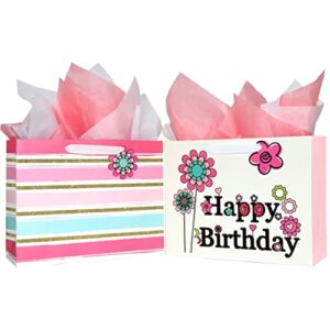 suncolor 13″ large gift bags for birthday party with tissue paper(2 pack, flower with happy birthday)