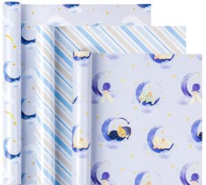 wrapaholic baby shower wrapping paper roll – mini roll – 3 rolls – 17 inch x 120 inch per roll – butterfly girl, little bear, moon, stripe design for kids