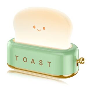 cute night light, kawaii toast night lamp for desk decor, table, baby nursery and bedroom room decor aesthetic, dimmable rechargeable toaster bread lamp gifts for teens, kids, girls and boys, green