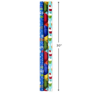 Hallmark All Occasion Reversible Wrapping Paper (3 Rolls: 75 sq. ft. ttl) Colorful Balloons, Stars on Orange, Cupcakes, Blue Stripes, Solid Red for Kids Birthdays, Graduations, Celebrations