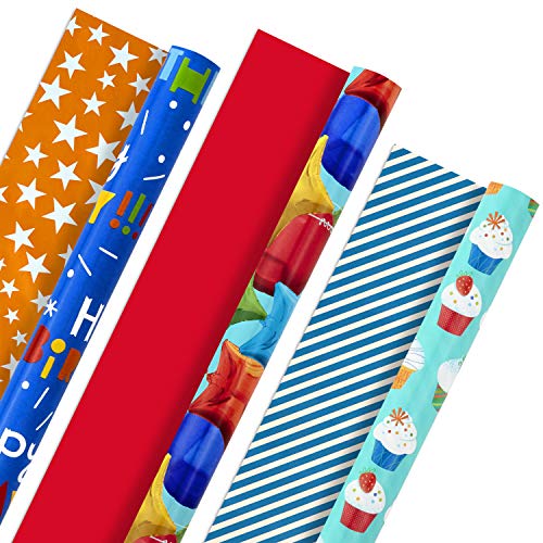 Hallmark All Occasion Reversible Wrapping Paper (3 Rolls: 75 sq. ft. ttl) Colorful Balloons, Stars on Orange, Cupcakes, Blue Stripes, Solid Red for Kids Birthdays, Graduations, Celebrations