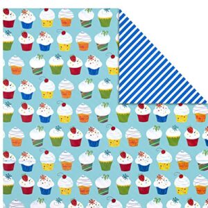 Hallmark All Occasion Reversible Wrapping Paper (3 Rolls: 75 sq. ft. ttl) Colorful Balloons, Stars on Orange, Cupcakes, Blue Stripes, Solid Red for Kids Birthdays, Graduations, Celebrations