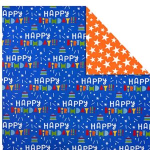 Hallmark All Occasion Reversible Wrapping Paper (3 Rolls: 75 sq. ft. ttl) Colorful Balloons, Stars on Orange, Cupcakes, Blue Stripes, Solid Red for Kids Birthdays, Graduations, Celebrations