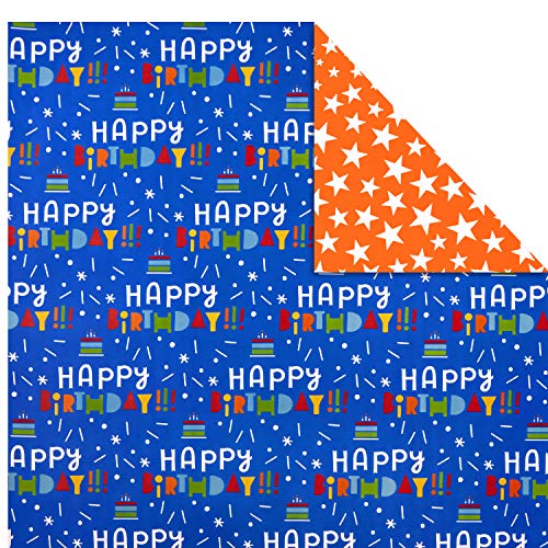 Hallmark All Occasion Reversible Wrapping Paper (3 Rolls: 75 sq. ft. ttl) Colorful Balloons, Stars on Orange, Cupcakes, Blue Stripes, Solid Red for Kids Birthdays, Graduations, Celebrations