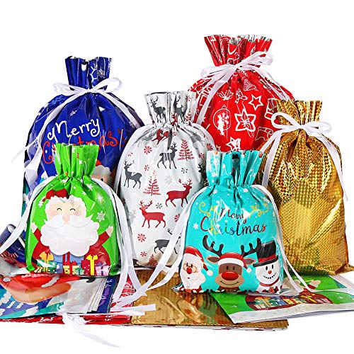 HRX Package Holiday Drawstring Gift Bags, 30pcs Christmas Foil Gift Wrapping Sacks Pouches for Xmas Presents Party Favor (Large Medium Small)