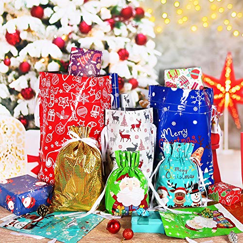 HRX Package Holiday Drawstring Gift Bags, 30pcs Christmas Foil Gift Wrapping Sacks Pouches for Xmas Presents Party Favor (Large Medium Small)