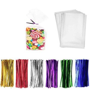 LiyuanQ 300 Pcs Clear Candy Bags Clear Cellophane Bags 4"x6" Cookie Bags with 6 Mix Colors Twist Ties - 1.4mils Thickness OPP Plastic Bags for Wedding Birthday Cake Pop Gift Candy Buffet Supplies