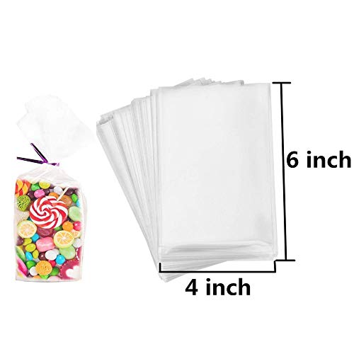 LiyuanQ 300 Pcs Clear Candy Bags Clear Cellophane Bags 4"x6" Cookie Bags with 6 Mix Colors Twist Ties - 1.4mils Thickness OPP Plastic Bags for Wedding Birthday Cake Pop Gift Candy Buffet Supplies