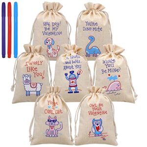 joyin 28 valentine drawstrings canvas bags with 3 pens, 4×5.75 inch drawstring pouch candy gift linen pockets for kids party favor, classroom exchange prizes