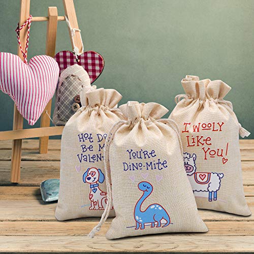 JOYIN 28 Valentine Drawstrings Canvas Bags with 3 Pens, 4x5.75 Inch Drawstring Pouch Candy Gift Linen Pockets for Kids Party Favor, Classroom Exchange Prizes