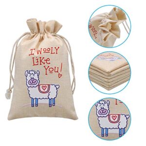 JOYIN 28 Valentine Drawstrings Canvas Bags with 3 Pens, 4x5.75 Inch Drawstring Pouch Candy Gift Linen Pockets for Kids Party Favor, Classroom Exchange Prizes