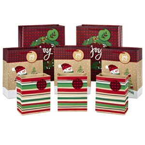 hallmark christmas gift bag assortment, traditional (pack of 8; 3 small 6″, 3 medium 9″, 2 large 13″) snowmen, red plaid, kraft stripes, “joy” wreath