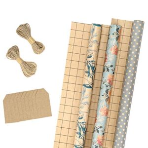 ruspepa wrapping paper rolls with tags, jute string – 17 inches x 10 feet per roll, total of 3 rolls, spring